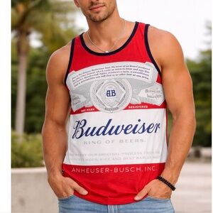 Budweiser Tee T-shirt tank top graphic printed red/white/blue men's beer SZ M
